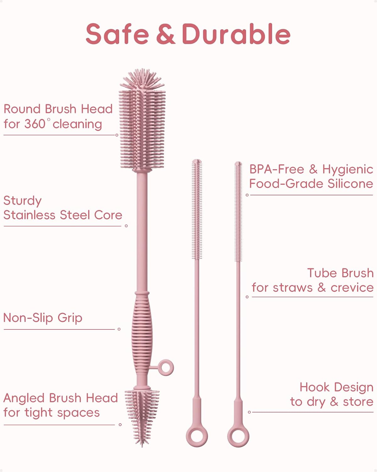 Silicone Cleaning Brush Kit,Water Bottle and Straw Cleaner Brush Set for Tumbler,Baby Bottle,Breast Pump Part,Nipple,Sippy Cup,Glass,Dishwasher Safe,BPA Free,3 Pcs