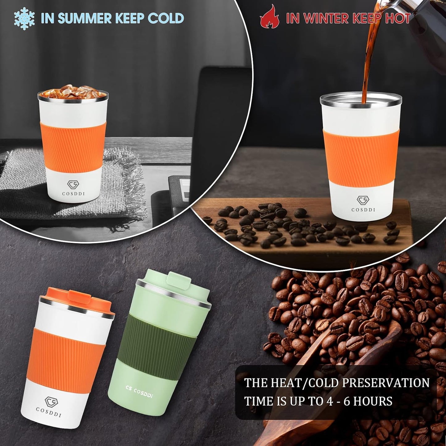 CS COSDDI 12 oz Coffee mug - Stainless Steel Coffee Cup with Leakproof Lid | Stainless Steel Double-wall insulation, 6-Hour Heat Retention, 360°Leak proof, BPA-free, Reusable And To Go Coffee Mug