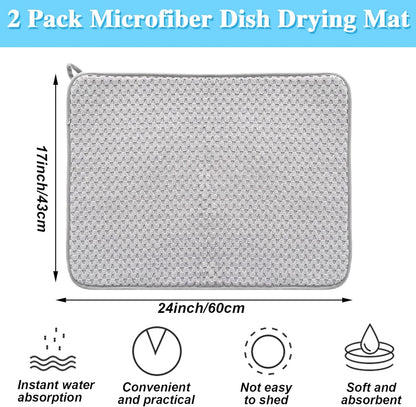 2 Pack Microfiber Dish Drying Mat,24*17 inch Absorbent Dish Drainer Kitchen Counter,Large Size Dish Drying Pad for Countertops,Sinks,Draining Racks(Gray)