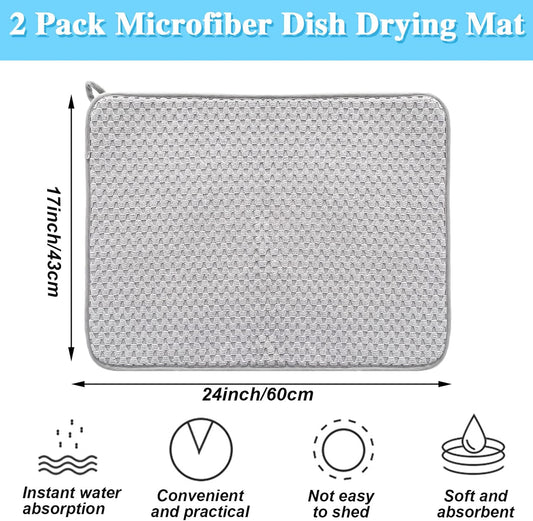 2 Pack Microfiber Dish Drying Mat,24*17 inch Absorbent Dish Drainer Kitchen Counter,Large Size Dish Drying Pad for Countertops,Sinks,Draining Racks(Gray)