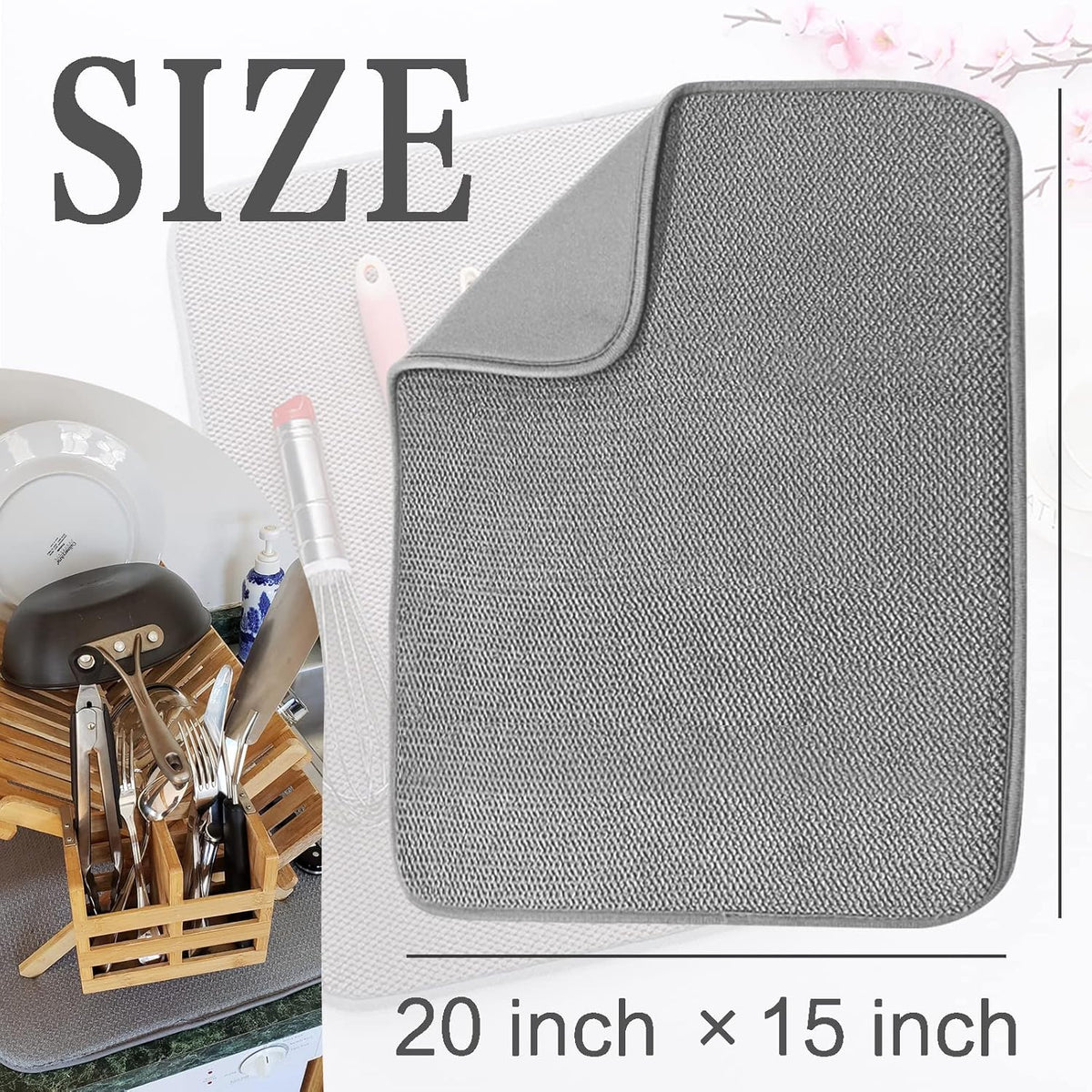 2 Pack Microfiber Dish Drying Mat,24*17 inch Absorbent Dish Drainer Kitchen Counter,Large Size Dish Drying Pad for Countertops,Sinks,Draining Racks(Gray)