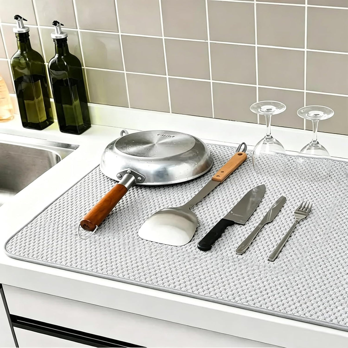 2 Pack Microfiber Dish Drying Mat,24*17 inch Absorbent Dish Drainer Kitchen Counter,Large Size Dish Drying Pad for Countertops,Sinks,Draining Racks(Gray)