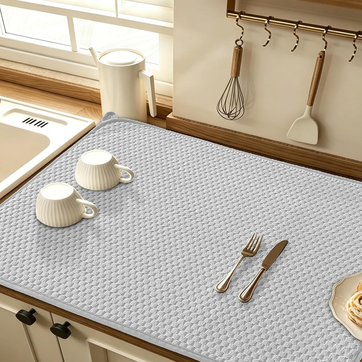 2 Pack Microfiber Dish Drying Mat,24*17 inch Absorbent Dish Drainer Kitchen Counter,Large Size Dish Drying Pad for Countertops,Sinks,Draining Racks(Gray)