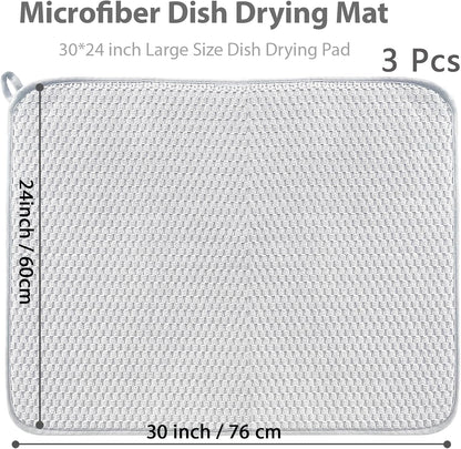 2 Pack Microfiber Dish Drying Mat,24*17 inch Absorbent Dish Drainer Kitchen Counter,Large Size Dish Drying Pad for Countertops,Sinks,Draining Racks(Gray)