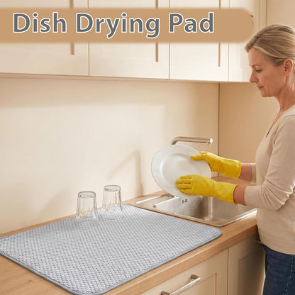 2 Pack Microfiber Dish Drying Mat,24*17 inch Absorbent Dish Drainer Kitchen Counter,Large Size Dish Drying Pad for Countertops,Sinks,Draining Racks(Gray)