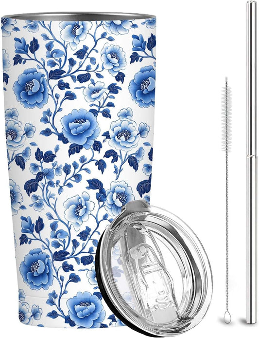 Retro Floral Tumbler 20 oz Stainless Steel Insulated Travel Mug with Lid and Straw, Vintage Flower Coffee Tumbler Cup for Hot Cold Drinks, Botanical Floral Gifts for Women
