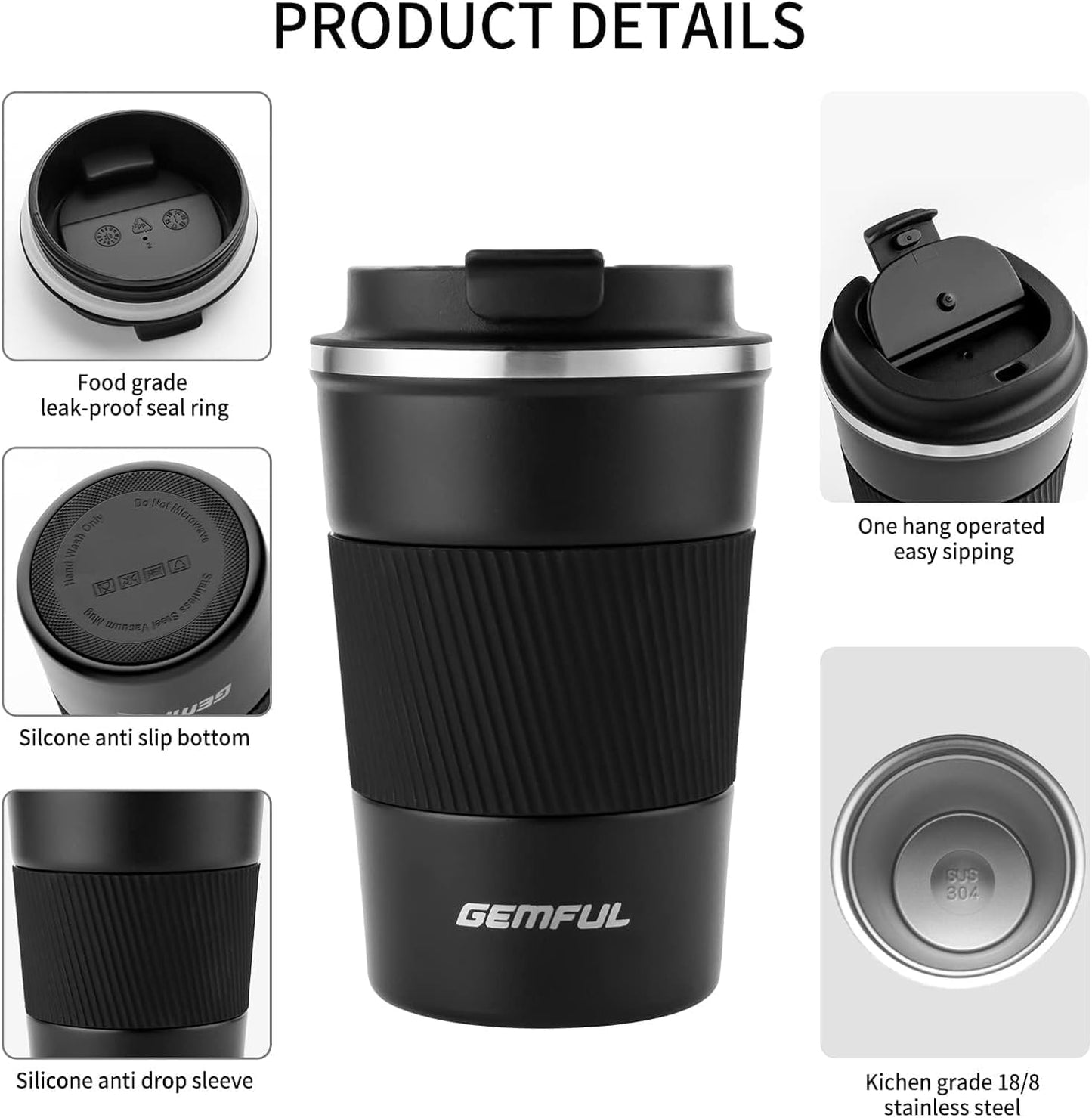 GEMFUL 17oz Stainless Steel Mug Insulated Travel Coffee Tumbler (Blue) | Double-wall Vacuum, Leak-proof Lid, Fit Car Cup Holder, Bpa-free, Easy Clean, Hot/cold for Commute/Office/Outdoor/Home/Travel