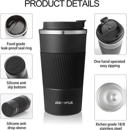 GEMFUL 17oz Stainless Steel Mug Insulated Travel Coffee Tumbler (Blue) | Double-wall Vacuum, Leak-proof Lid, Fit Car Cup Holder, Bpa-free, Easy Clean, Hot/cold for Commute/Office/Outdoor/Home/Travel
