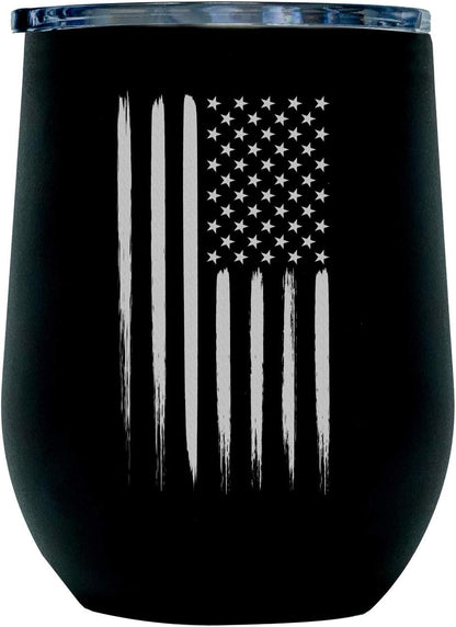 Army Steel Stemless Outdoor Wine Glass Tumbler, 12 oz Double Wall Vacuum Insulated Whiskey Tumbler–Matte Black with US Army logo and Lid