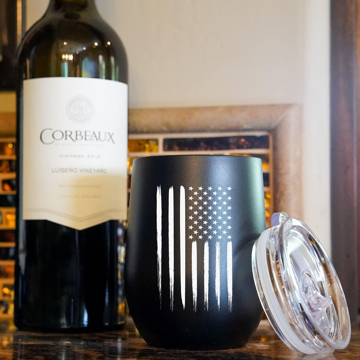 Army Steel Stemless Outdoor Wine Glass Tumbler, 12 oz Double Wall Vacuum Insulated Whiskey Tumbler–Matte Black with US Army logo and Lid