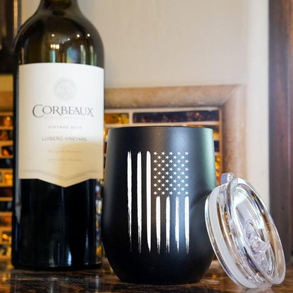 Army Steel Stemless Outdoor Wine Glass Tumbler, 12 oz Double Wall Vacuum Insulated Whiskey Tumbler–Matte Black with US Army logo and Lid