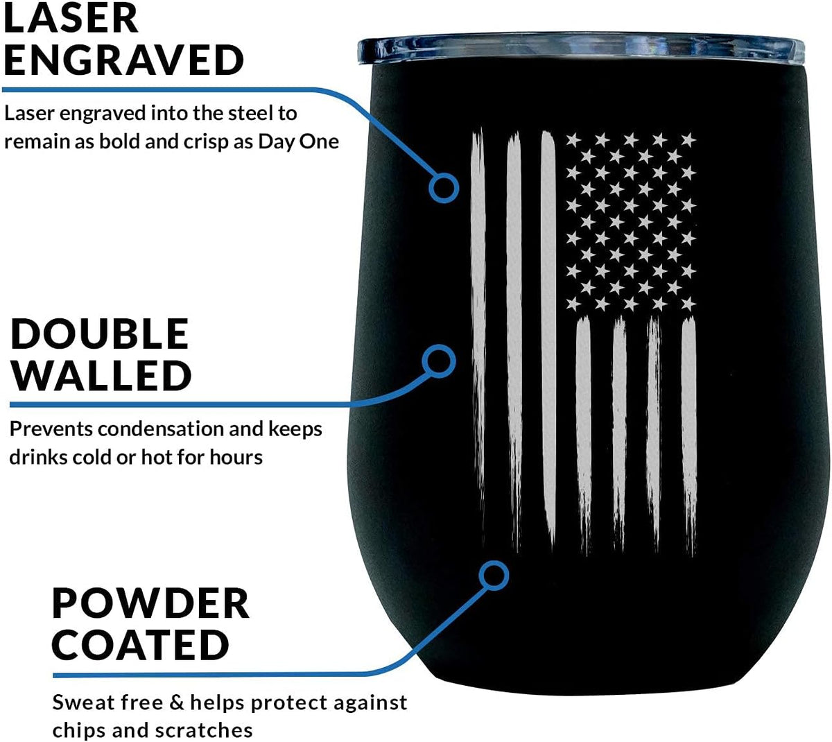 Army Steel Stemless Outdoor Wine Glass Tumbler, 12 oz Double Wall Vacuum Insulated Whiskey Tumbler–Matte Black with US Army logo and Lid