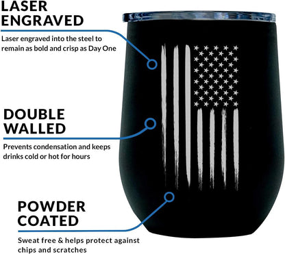 Army Steel Stemless Outdoor Wine Glass Tumbler, 12 oz Double Wall Vacuum Insulated Whiskey Tumbler–Matte Black with US Army logo and Lid