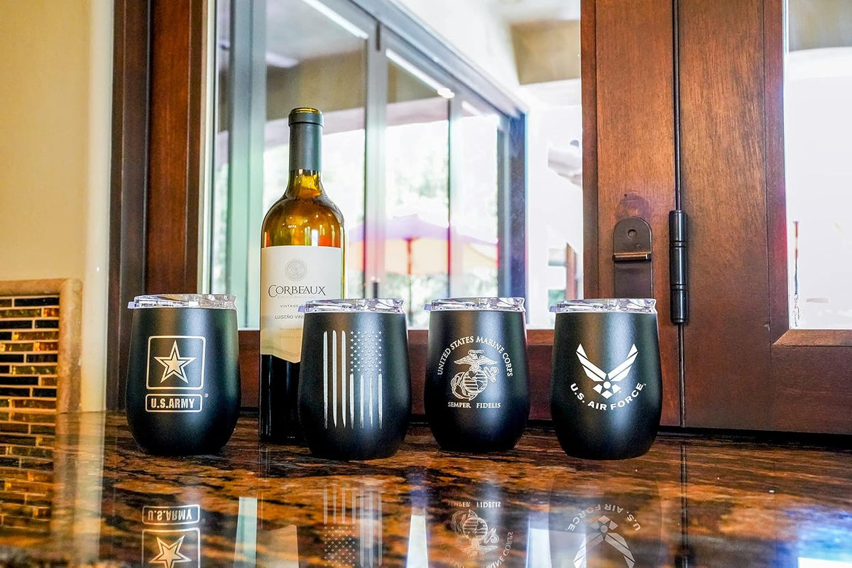Army Steel Stemless Outdoor Wine Glass Tumbler, 12 oz Double Wall Vacuum Insulated Whiskey Tumbler–Matte Black with US Army logo and Lid