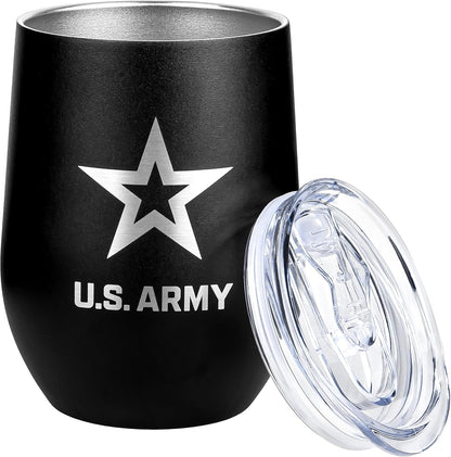 Army Steel Stemless Outdoor Wine Glass Tumbler, 12 oz Double Wall Vacuum Insulated Whiskey Tumbler–Matte Black with US Army logo and Lid