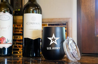 Army Steel Stemless Outdoor Wine Glass Tumbler, 12 oz Double Wall Vacuum Insulated Whiskey Tumbler–Matte Black with US Army logo and Lid