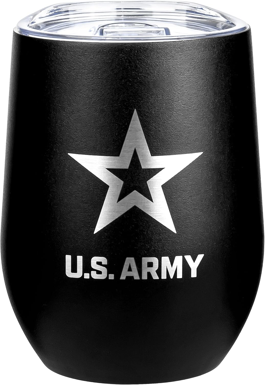 Army Steel Stemless Outdoor Wine Glass Tumbler, 12 oz Double Wall Vacuum Insulated Whiskey Tumbler–Matte Black with US Army logo and Lid