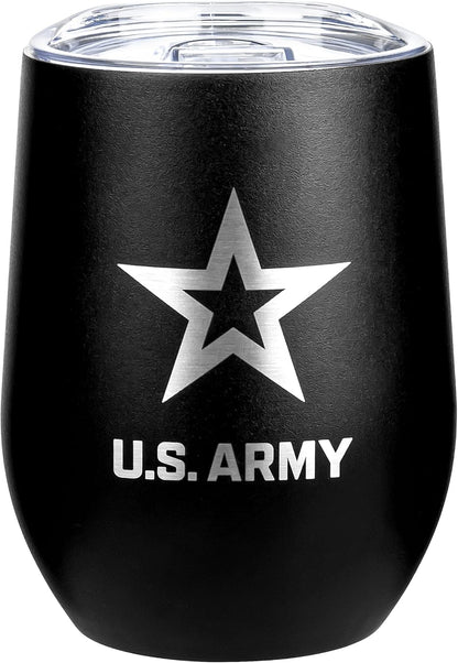 Army Steel Stemless Outdoor Wine Glass Tumbler, 12 oz Double Wall Vacuum Insulated Whiskey Tumbler–Matte Black with US Army logo and Lid