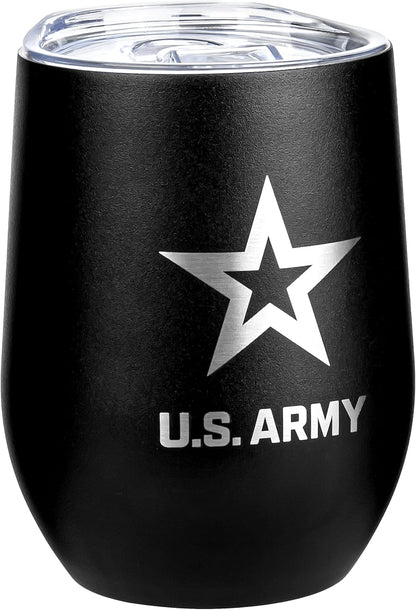 Army Steel Stemless Outdoor Wine Glass Tumbler, 12 oz Double Wall Vacuum Insulated Whiskey Tumbler–Matte Black with US Army logo and Lid