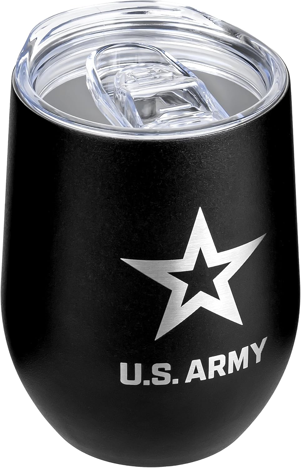 Army Steel Stemless Outdoor Wine Glass Tumbler, 12 oz Double Wall Vacuum Insulated Whiskey Tumbler–Matte Black with US Army logo and Lid
