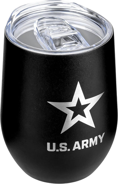 Army Steel Stemless Outdoor Wine Glass Tumbler, 12 oz Double Wall Vacuum Insulated Whiskey Tumbler–Matte Black with US Army logo and Lid
