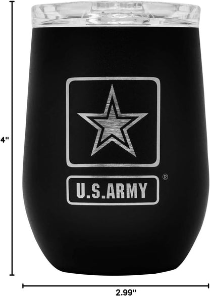 Army Steel Stemless Outdoor Wine Glass Tumbler, 12 oz Double Wall Vacuum Insulated Whiskey Tumbler–Matte Black with US Army logo and Lid