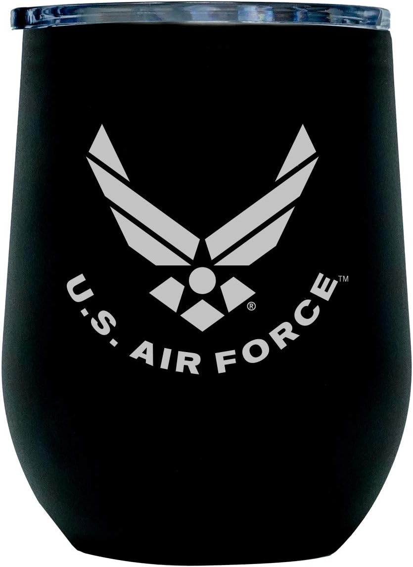Army Steel Stemless Outdoor Wine Glass Tumbler, 12 oz Double Wall Vacuum Insulated Whiskey Tumbler–Matte Black with US Army logo and Lid
