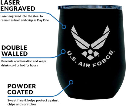 Army Steel Stemless Outdoor Wine Glass Tumbler, 12 oz Double Wall Vacuum Insulated Whiskey Tumbler–Matte Black with US Army logo and Lid