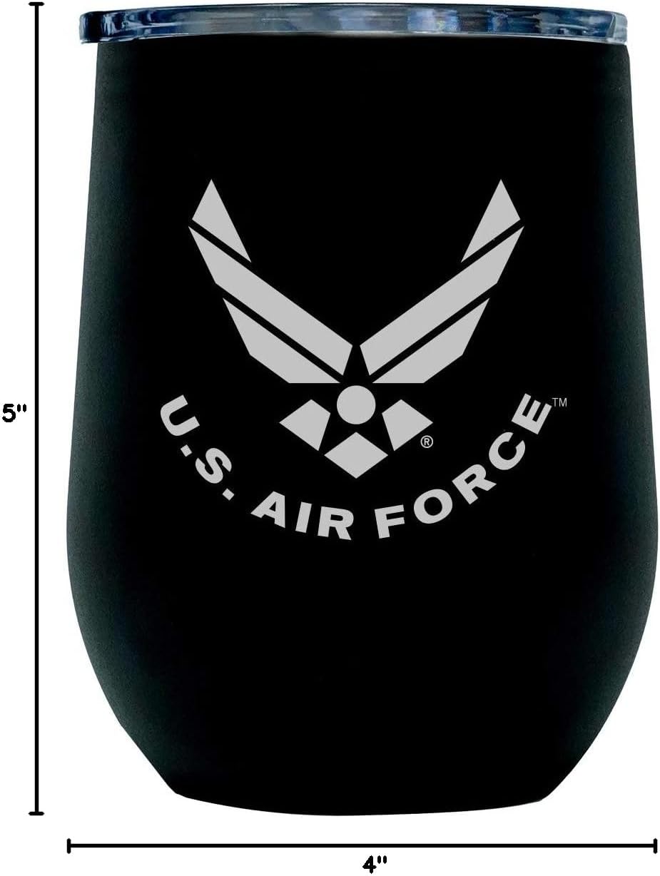 Army Steel Stemless Outdoor Wine Glass Tumbler, 12 oz Double Wall Vacuum Insulated Whiskey Tumbler–Matte Black with US Army logo and Lid