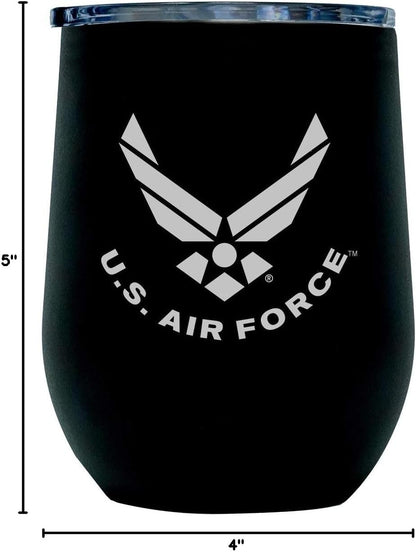 Army Steel Stemless Outdoor Wine Glass Tumbler, 12 oz Double Wall Vacuum Insulated Whiskey Tumbler–Matte Black with US Army logo and Lid