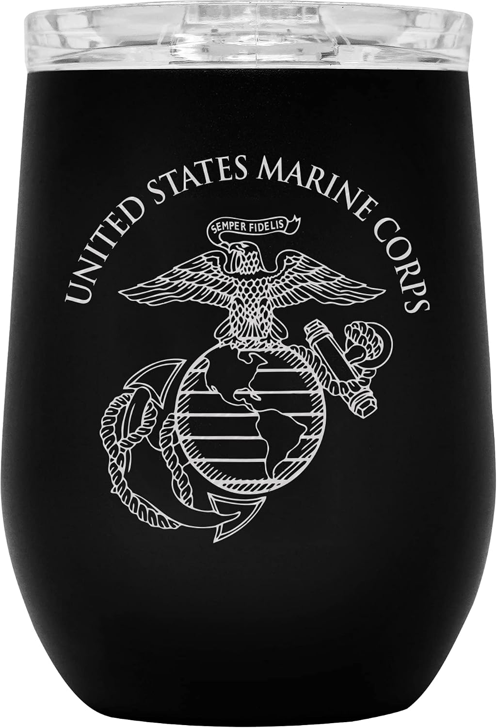 Army Steel Stemless Outdoor Wine Glass Tumbler, 12 oz Double Wall Vacuum Insulated Whiskey Tumbler–Matte Black with US Army logo and Lid