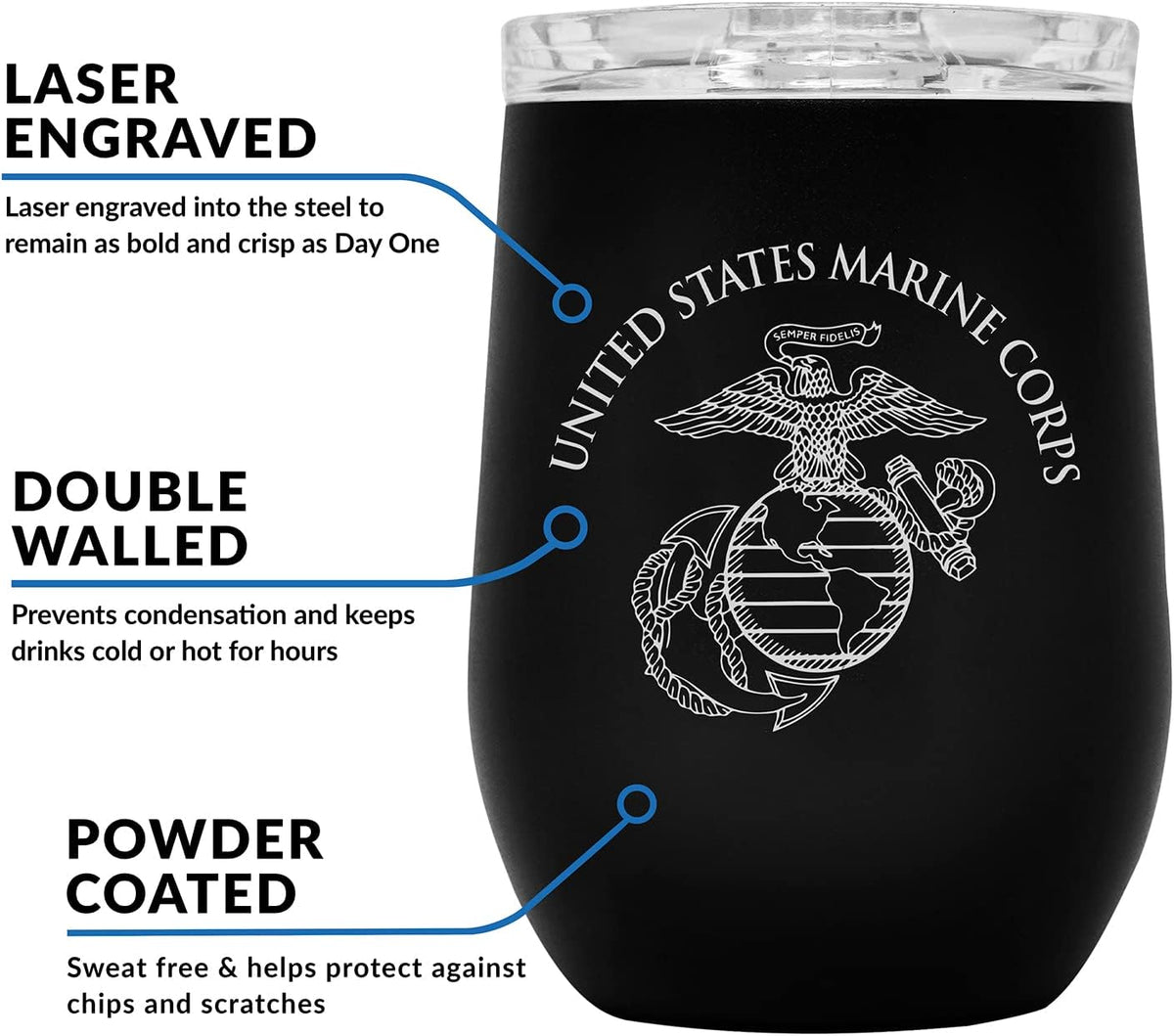 Army Steel Stemless Outdoor Wine Glass Tumbler, 12 oz Double Wall Vacuum Insulated Whiskey Tumbler–Matte Black with US Army logo and Lid