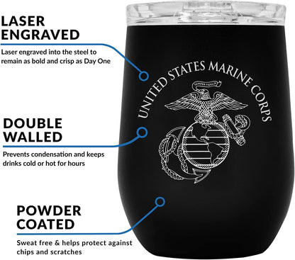 Army Steel Stemless Outdoor Wine Glass Tumbler, 12 oz Double Wall Vacuum Insulated Whiskey Tumbler–Matte Black with US Army logo and Lid