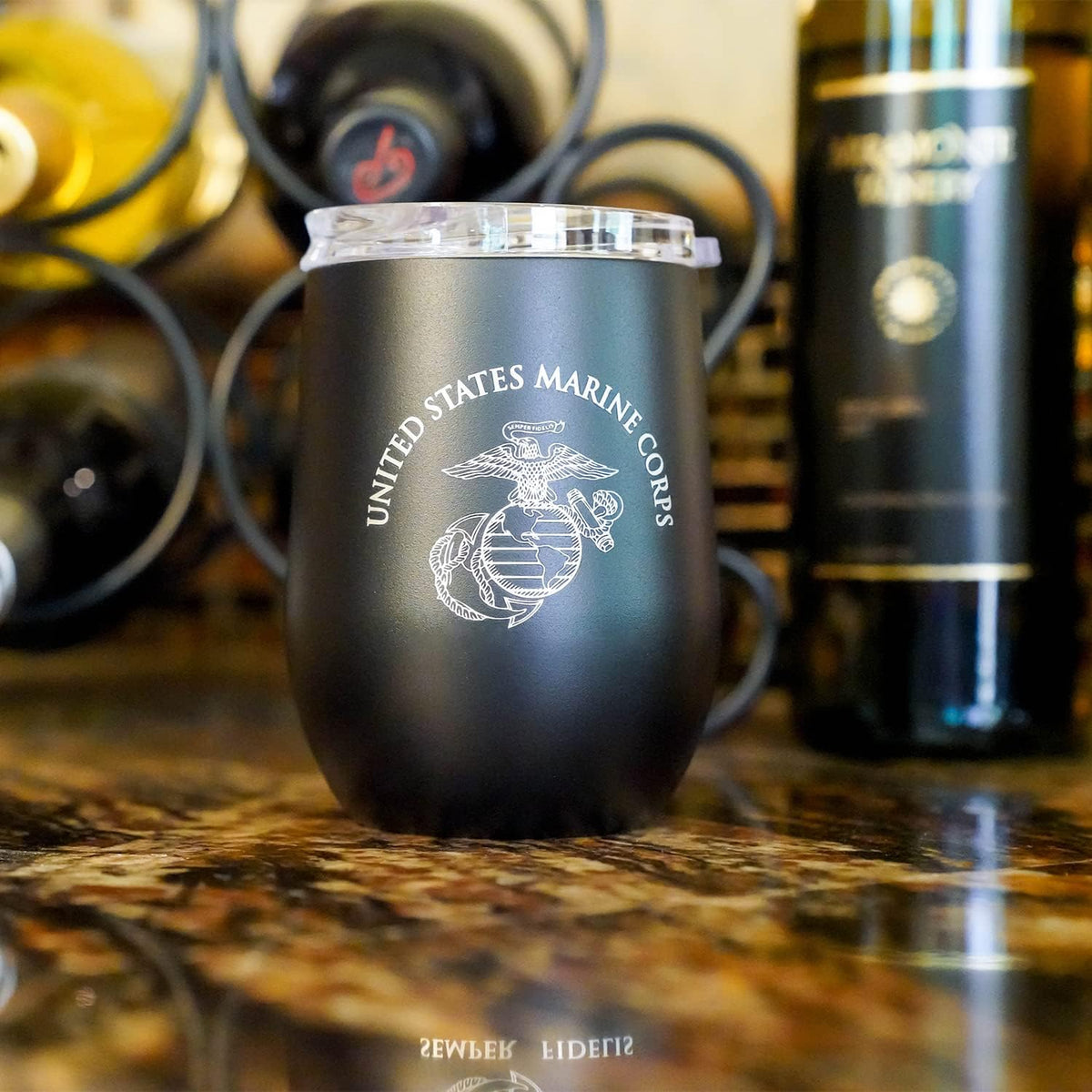 Army Steel Stemless Outdoor Wine Glass Tumbler, 12 oz Double Wall Vacuum Insulated Whiskey Tumbler–Matte Black with US Army logo and Lid