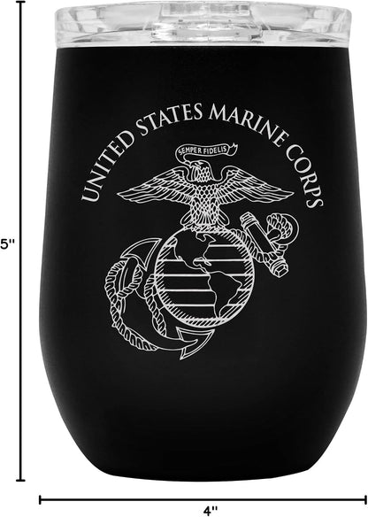 Army Steel Stemless Outdoor Wine Glass Tumbler, 12 oz Double Wall Vacuum Insulated Whiskey Tumbler–Matte Black with US Army logo and Lid