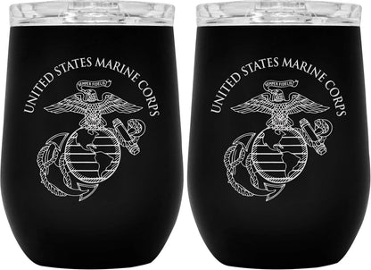 Army Steel Stemless Outdoor Wine Glass Tumbler, 12 oz Double Wall Vacuum Insulated Whiskey Tumbler–Matte Black with US Army logo and Lid