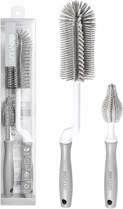 Silicone Baby Bottle and Nipple Brush Set | Made in Korea, 360 Degree Rotating Handle, Soft Bristles, Hanging Hole for Quick Drying and Storage, Dishwasher Safe (Cool Grey)