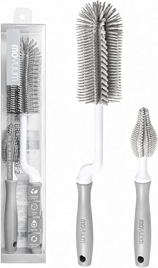 Silicone Baby Bottle and Nipple Brush Set | Made in Korea, 360 Degree Rotating Handle, Soft Bristles, Hanging Hole for Quick Drying and Storage, Dishwasher Safe (Cool Grey)