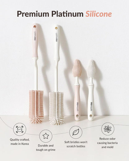 Silicone Baby Bottle and Nipple Brush Set | Made in Korea, 360 Degree Rotating Handle, Soft Bristles, Hanging Hole for Quick Drying and Storage, Dishwasher Safe (Cool Grey)
