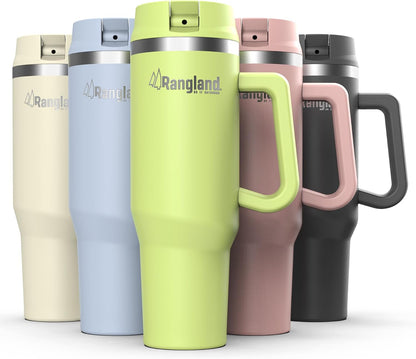 Leak-proof 40 oz Tumbler with Handle and Carrier Bag, Spill-proof Insulated Water Bottle Cup with Sport Straw Lid and Padded Hand Strap, Neoprene (Light Cream)