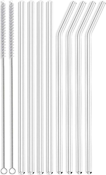 Skinny Clear Glass Straws, 10.5" x 7 mm Long Reusable Drinking Straws for 30 oz 20 oz RTIC/YETI Stanley Tumblers, Mason Jars, Pack of 8 with 2 Cleaning Brush