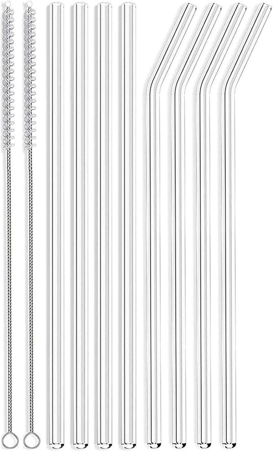 Skinny Clear Glass Straws, 10.5" x 7 mm Long Reusable Drinking Straws for 30 oz 20 oz RTIC/YETI Stanley Tumblers, Mason Jars, Pack of 8 with 2 Cleaning Brush