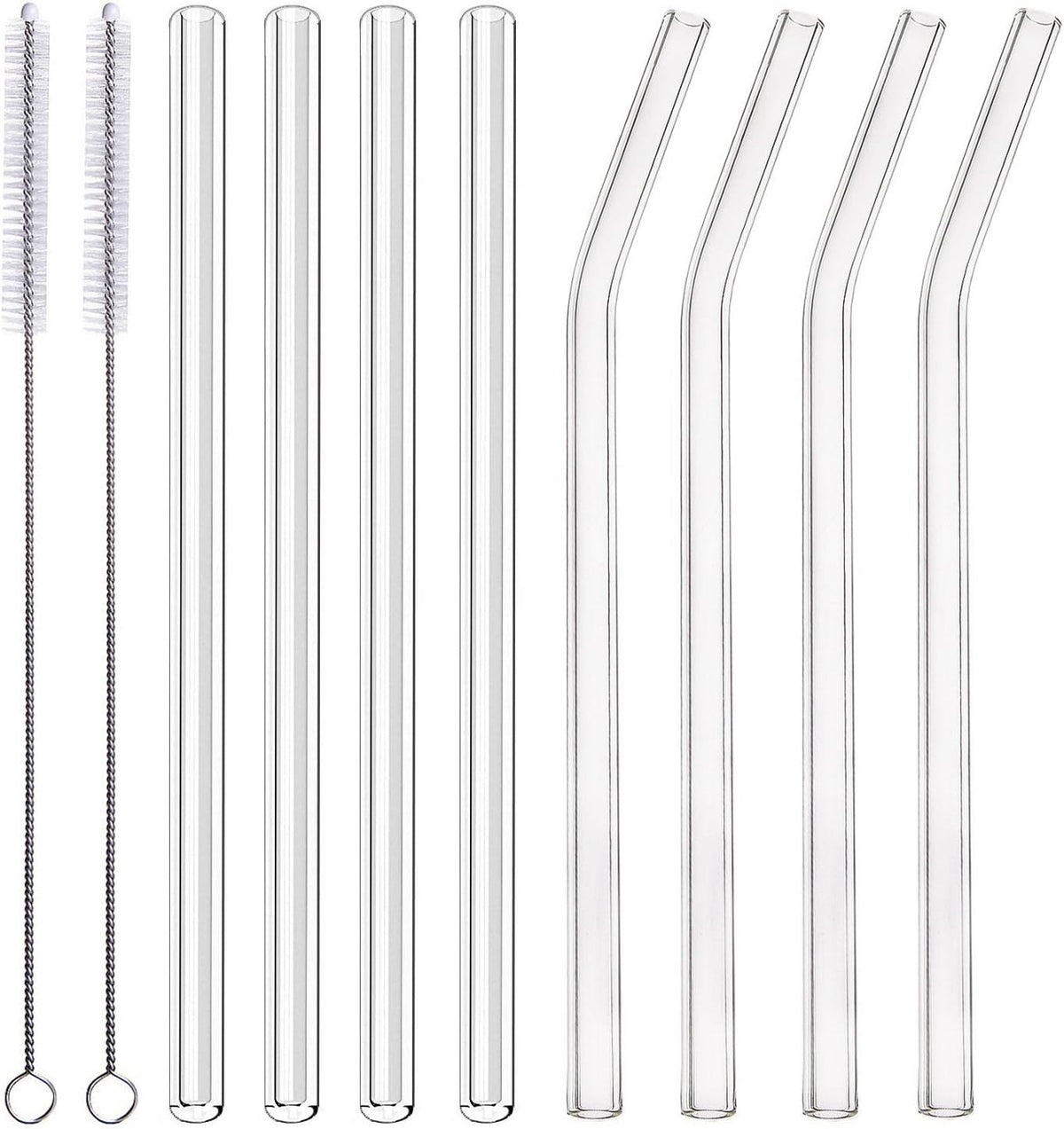 Skinny Clear Glass Straws, 10.5" x 7 mm Long Reusable Drinking Straws for 30 oz 20 oz RTIC/YETI Stanley Tumblers, Mason Jars, Pack of 8 with 2 Cleaning Brush