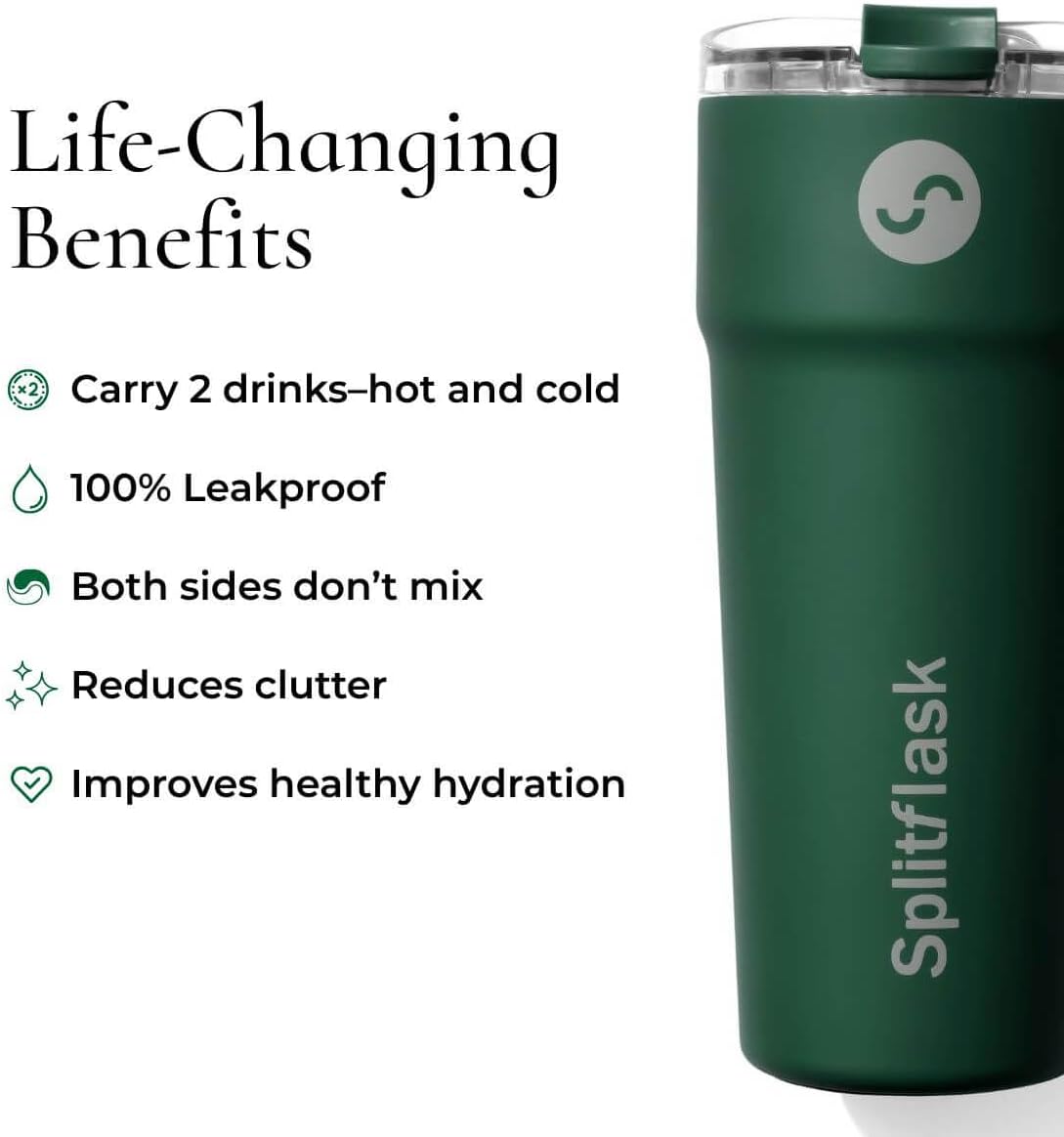 2-in-1 Hot & Cold Vacuum Insulated 30oz Tumblers, Stainless Steel Dual Chamber, Leak-Proof Lid, BPA-Free, Fits Cup Holder, Travel Coffee Mug, Split Cup, 2 Drink, 2 Sides, Coffee & Water (Silver)