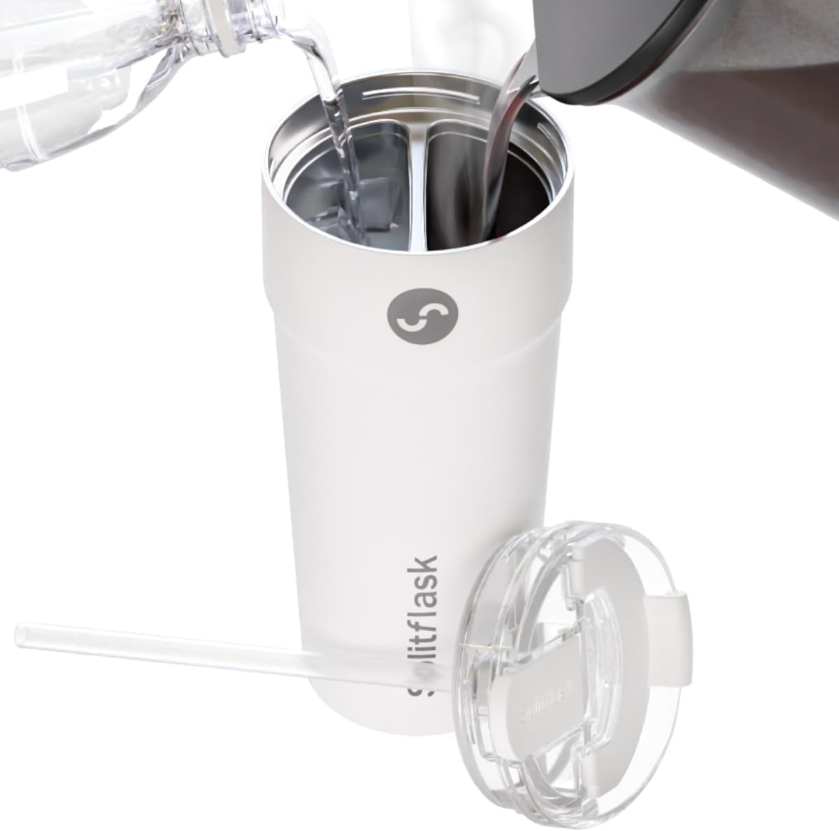 2-in-1 Hot & Cold Vacuum Insulated 30oz Tumblers, Stainless Steel Dual Chamber, Leak-Proof Lid, BPA-Free, Fits Cup Holder, Travel Coffee Mug, Split Cup, 2 Drink, 2 Sides, Coffee & Water (Silver)