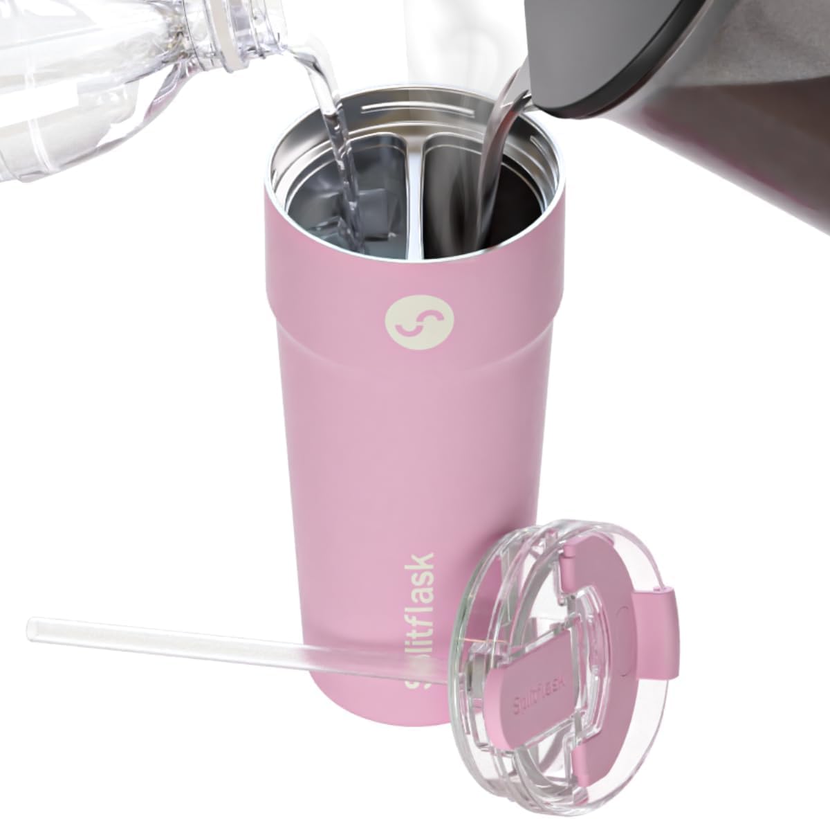 2-in-1 Hot & Cold Vacuum Insulated 30oz Tumblers, Stainless Steel Dual Chamber, Leak-Proof Lid, BPA-Free, Fits Cup Holder, Travel Coffee Mug, Split Cup, 2 Drink, 2 Sides, Coffee & Water (Silver)