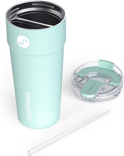 2-in-1 Hot & Cold Vacuum Insulated 30oz Tumblers, Stainless Steel Dual Chamber, Leak-Proof Lid, BPA-Free, Fits Cup Holder, Travel Coffee Mug, Split Cup, 2 Drink, 2 Sides, Coffee & Water (Silver)