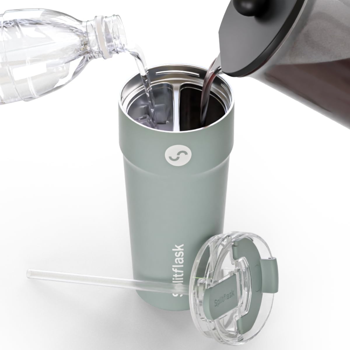 2-in-1 Hot & Cold Vacuum Insulated 30oz Tumblers, Stainless Steel Dual Chamber, Leak-Proof Lid, BPA-Free, Fits Cup Holder, Travel Coffee Mug, Split Cup, 2 Drink, 2 Sides, Coffee & Water (Silver)