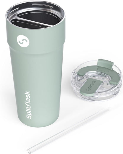 2-in-1 Hot & Cold Vacuum Insulated 30oz Tumblers, Stainless Steel Dual Chamber, Leak-Proof Lid, BPA-Free, Fits Cup Holder, Travel Coffee Mug, Split Cup, 2 Drink, 2 Sides, Coffee & Water (Silver)