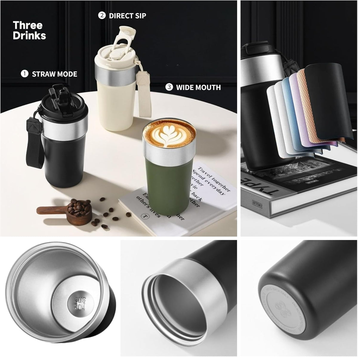 17oz Travel Coffee Mug with Straw, Vacuum Insulated Stainless Steel Tumbler with Carry Strap, Double Wall Reusable Cup for Car and Commuting - 510ml (Dark Coffee)